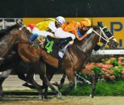 Lightning Mac holds off the chasing pack to give Joao Moreira his 100th winner for the 2013 season.<br>Photo by Singapore Turf Club